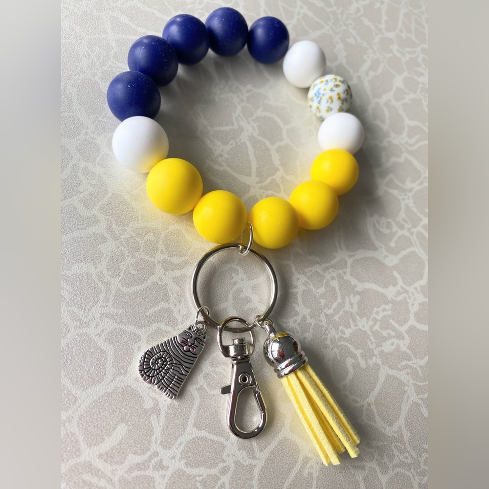 Yellow and Blue Beaded Wristlet Bracelet with Cat and Tassel Charms